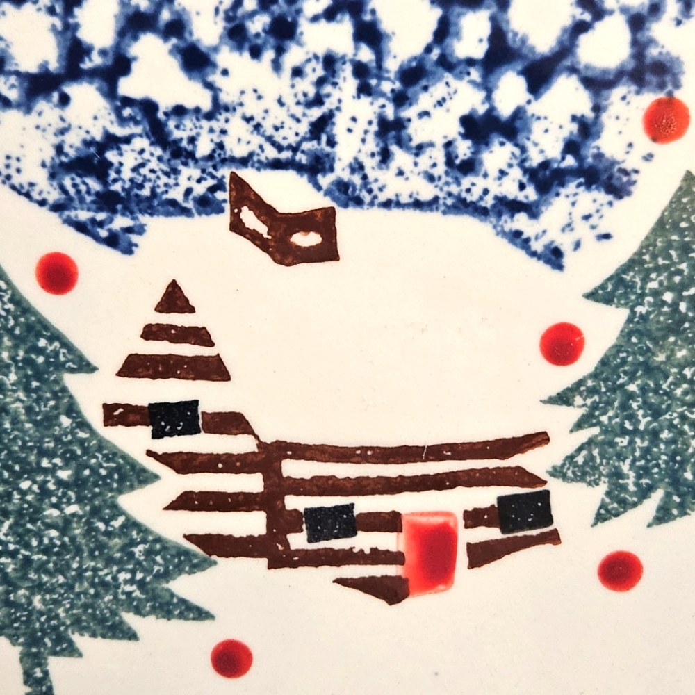 ONE Folk Craft Cabin in the Snow by Tienshan 10.5" Dinner Plate Sponge Ware - Picture 3 of 9